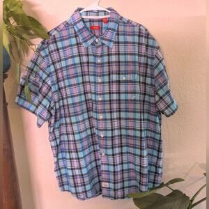 IZOD Blue Plaid Short Sleeve Button Down Shirt Sz XL